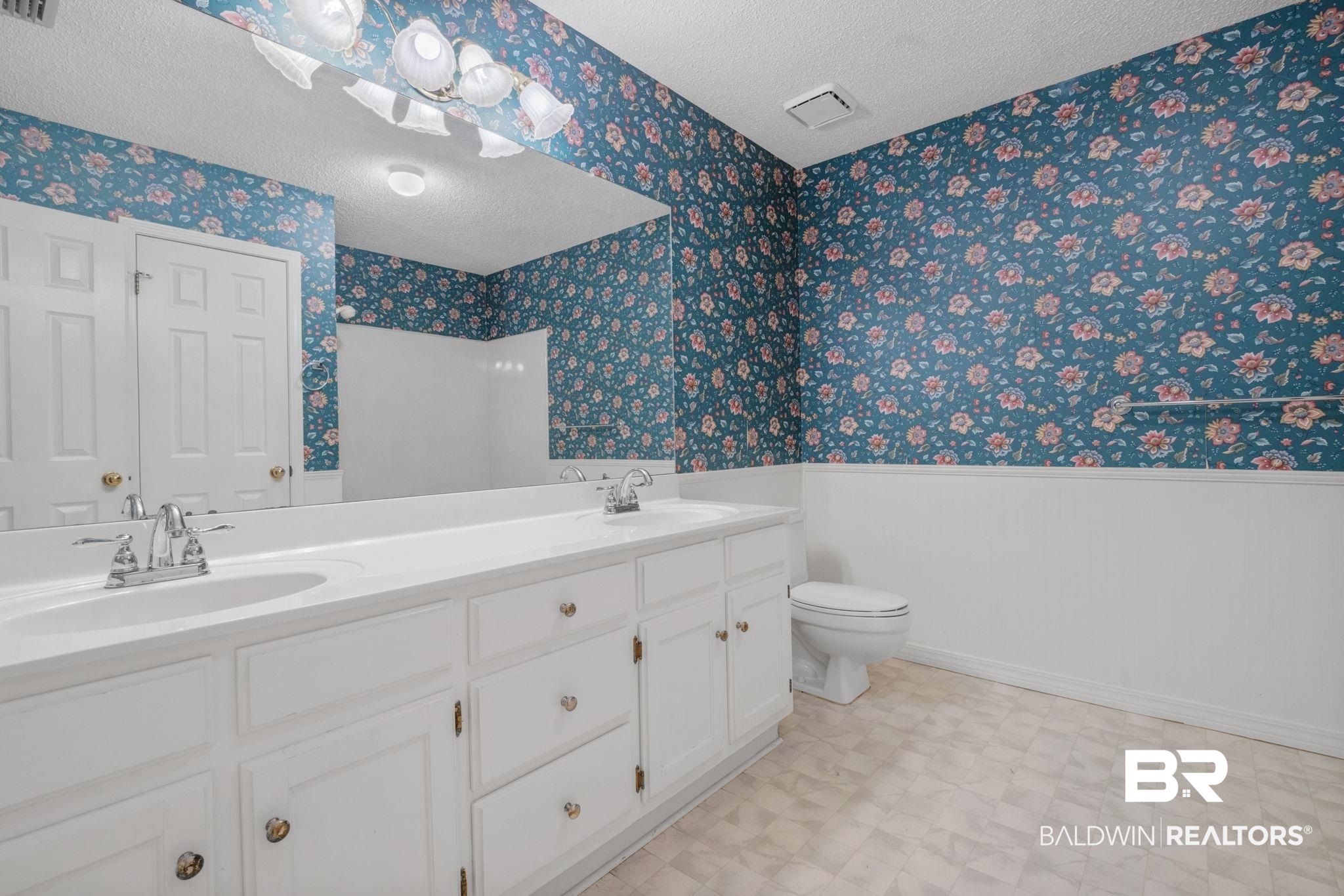 1340 Wellsley Court Mobile, AL 36695 - Photo 23 of 37 Full bath featuring a wainscoted wall, a textured ceiling, double vanity, and wallpapered walls