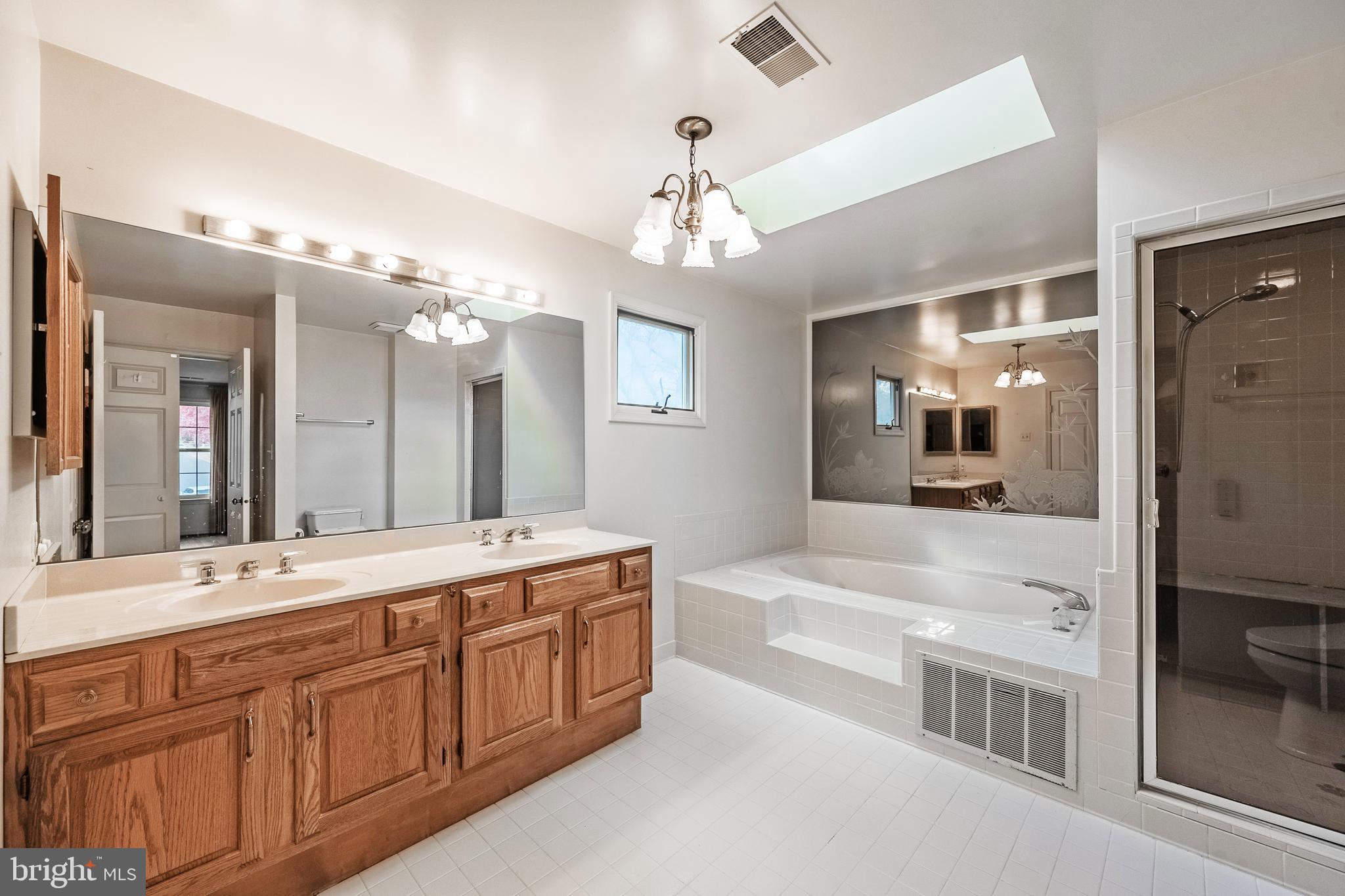 8454 Toll House Road Annandale, VA 22003 - Photo 44 of 65 a spacious bathroom with a granite countertop sink a large mirror and a shower