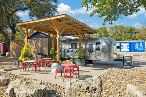 an outdoor space with seating