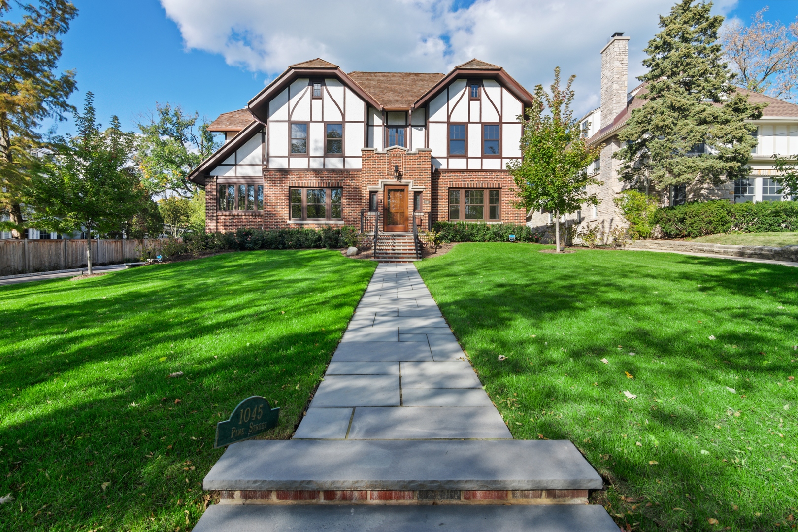 a front view of a house with yard and green space