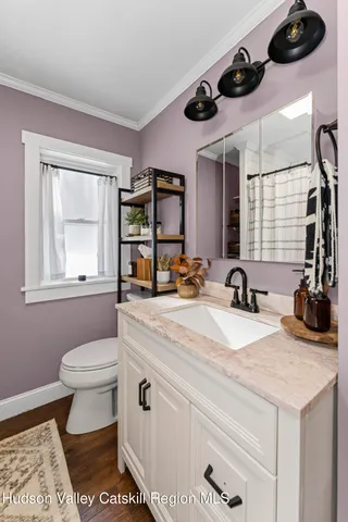 a bathroom with a sink a toilet and mirror