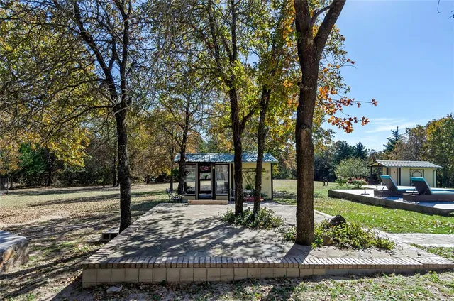 a view of a park with large trees