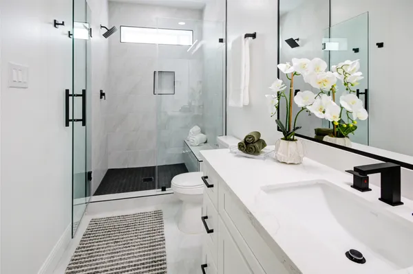 a bathroom with a sink and a shower