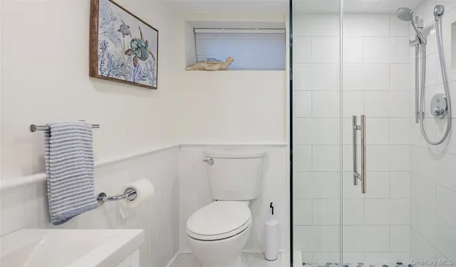a bathroom with a toilet and a shower