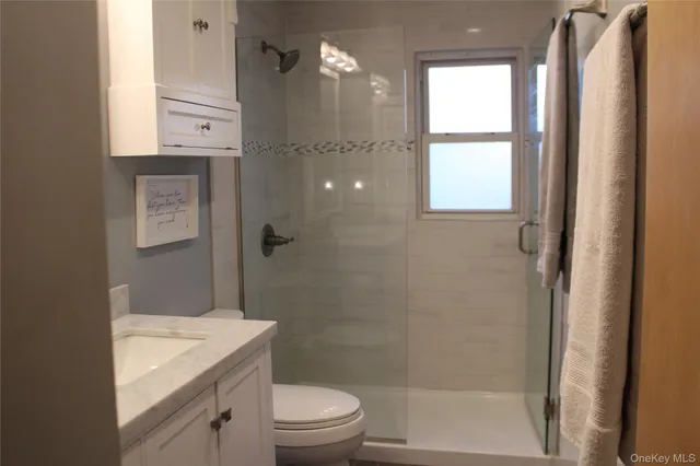 a bathroom with a granite countertop sink a toilet and shower