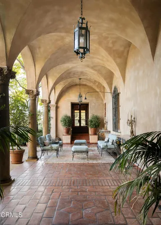 a building outdoor space with patio furniture