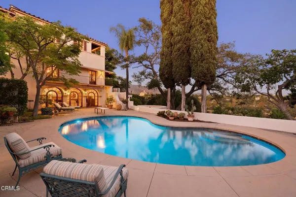 a view of a swimming pool with a patio and a garden
