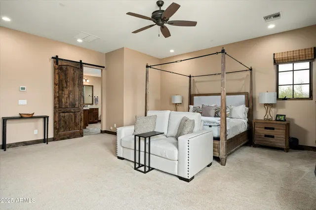 a bed room with furniture and a ceiling fan