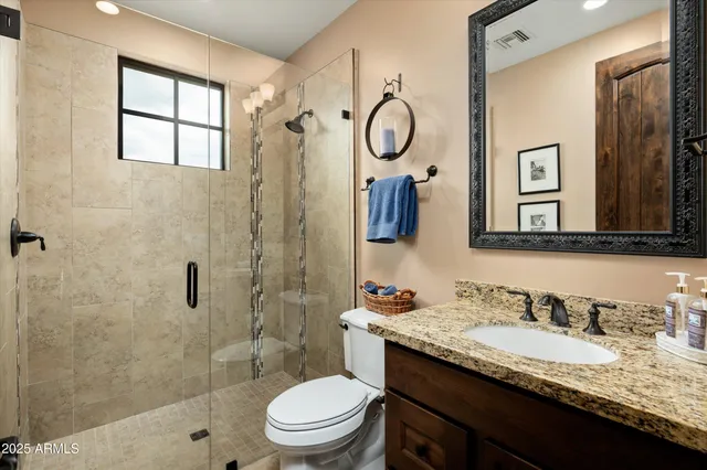 a bathroom with a granite countertop sink toilet and shower