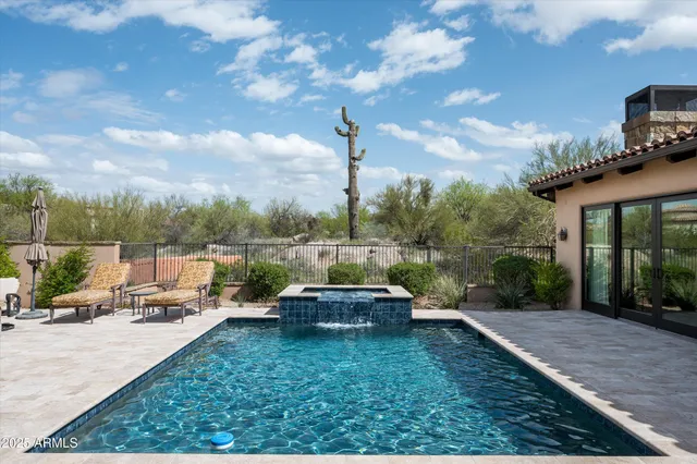 a garden view with a seating space