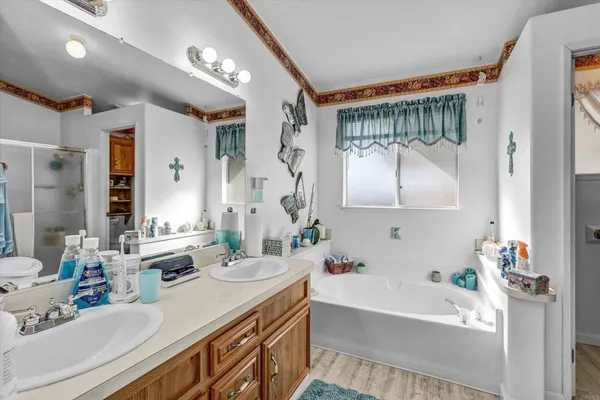 a bathroom with a tub sink and mirror