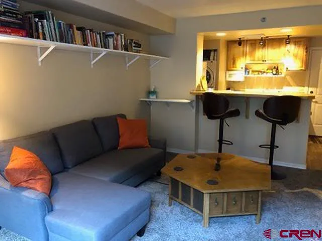 a living room with a couch and a bookshelf
