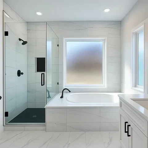 a bathroom with a shower and a bathtub