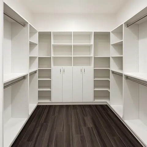 a view of walk in closet with empty racks