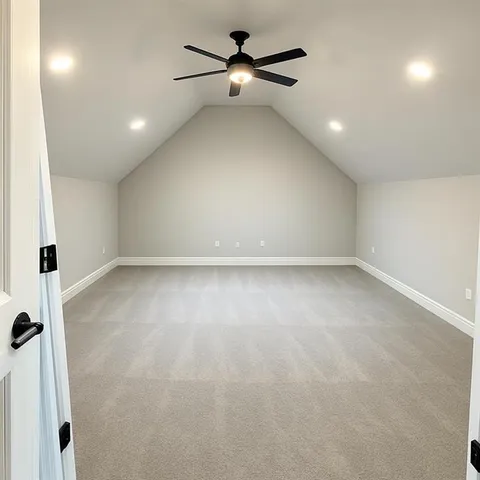an empty room with a ceiling fan and window