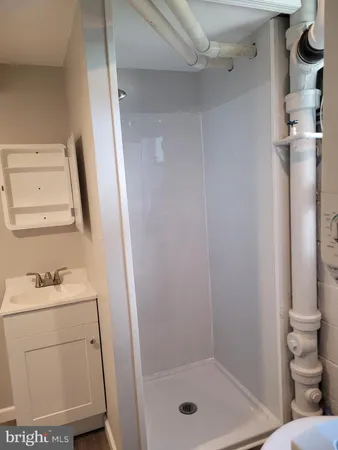 a bathroom with a shower a sink a toilet and a mirror