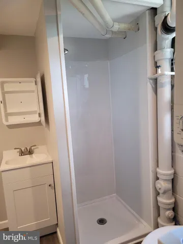 a bathroom with a shower a sink a toilet and a mirror