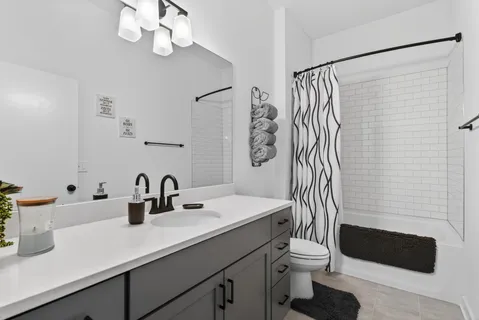 a bathroom with a sink a toilet and shower curtain