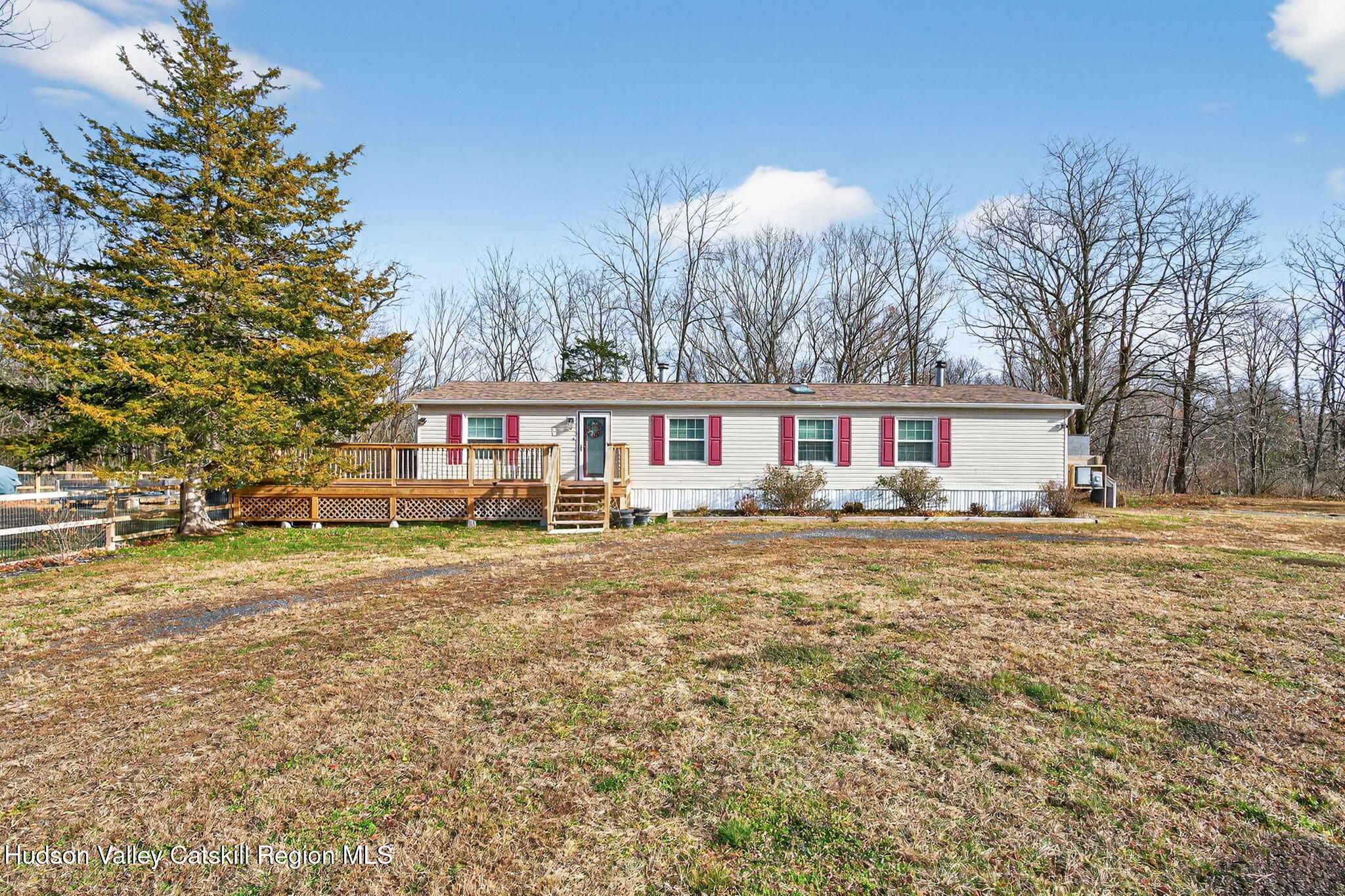 a view of a yard with a house and a large tree