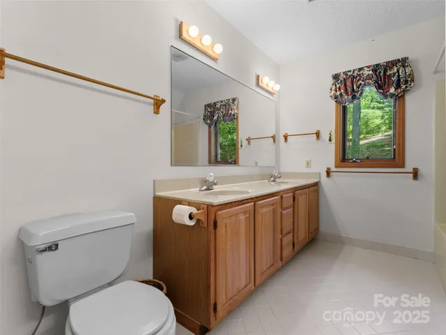a bathroom with a granite countertop toilet sink and mirror