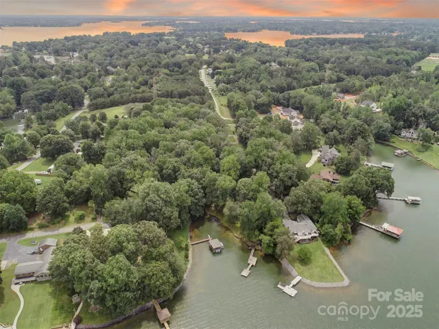an aerial view of a houses with a yard and lake view