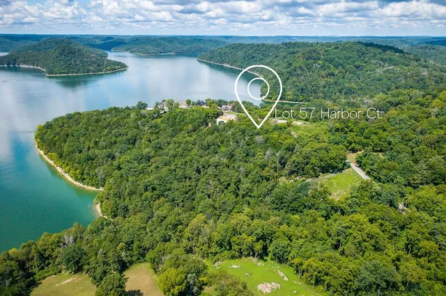 an aerial view of a house with a yard and lake view