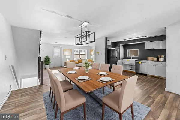 a view of a dining room with furniture