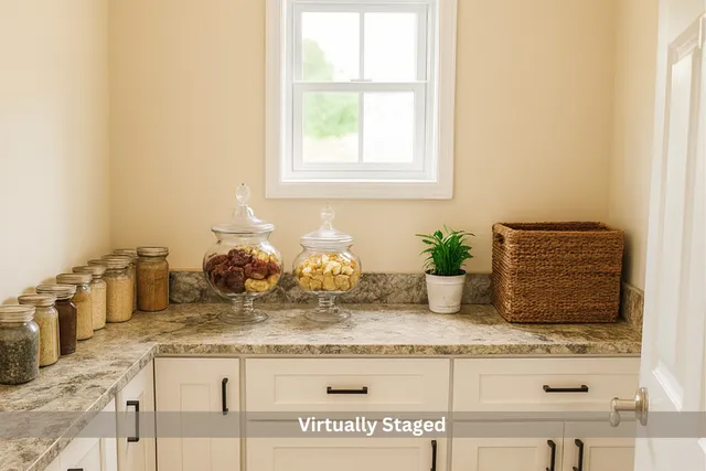 a bathroom with a granite countertop sink and a potted plant