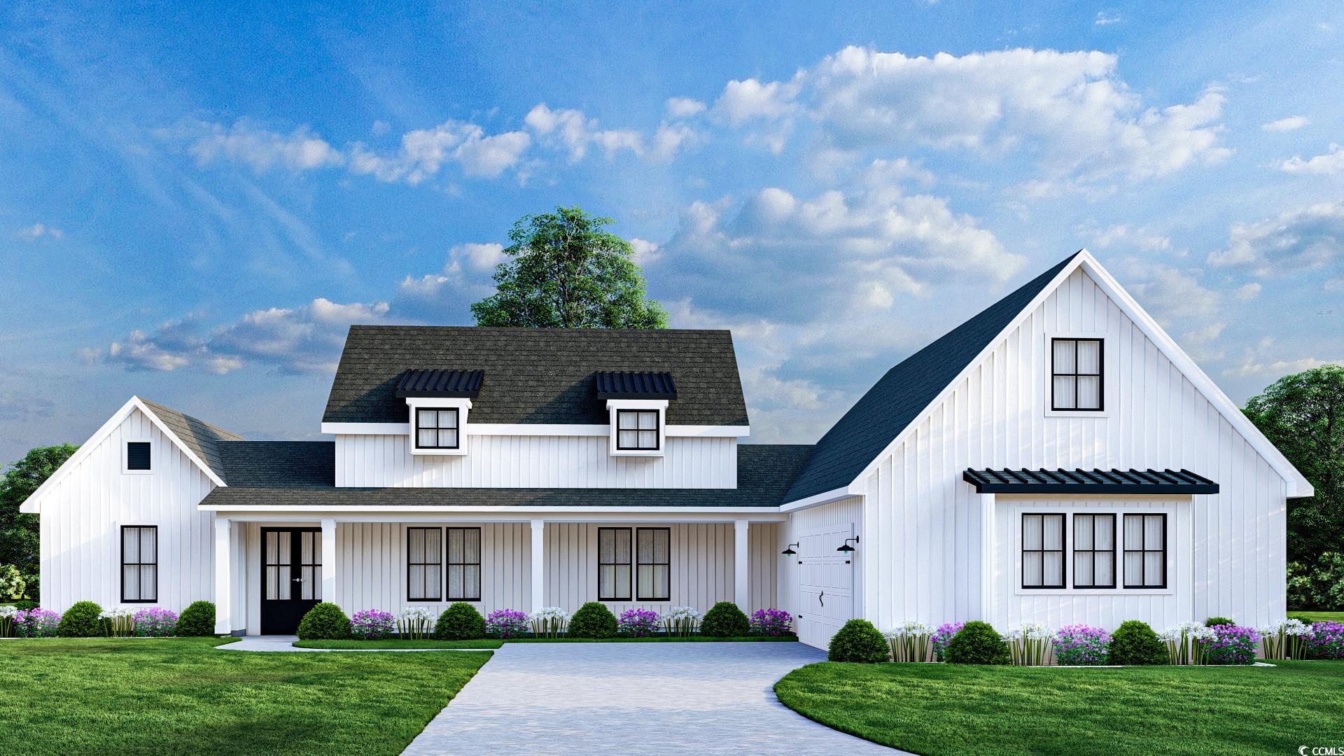 Modern inspired farmhouse with a porch, a garage, and a front lawn. This home will be mirrored to the left instead of the right.