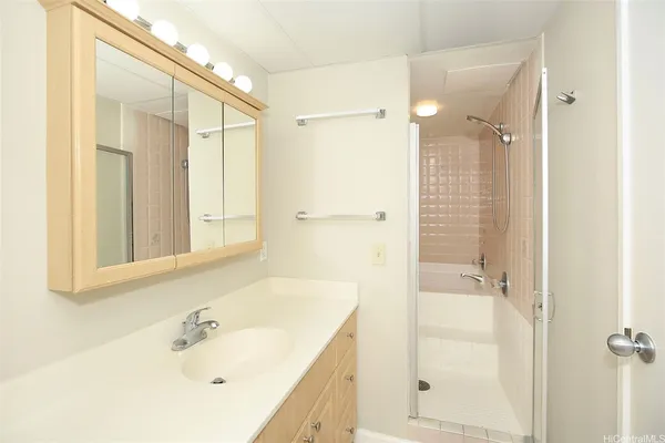 a bathroom with a tub sink shower and mirror