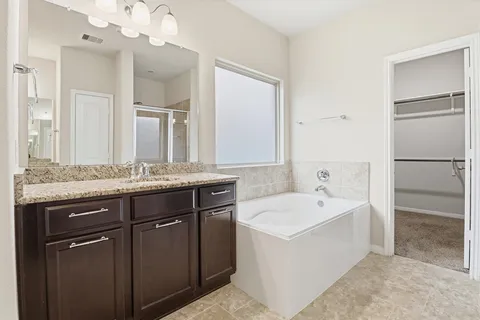 a bathroom with a tub a sink and mirror
