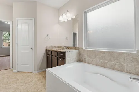 a bathroom with a bathtub a sink and a mirror