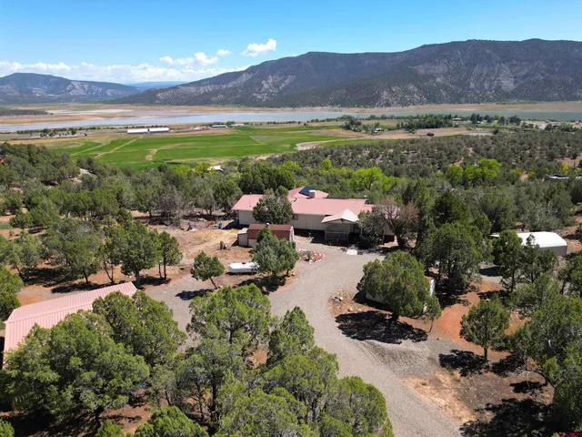 an aerial view of a house with garden