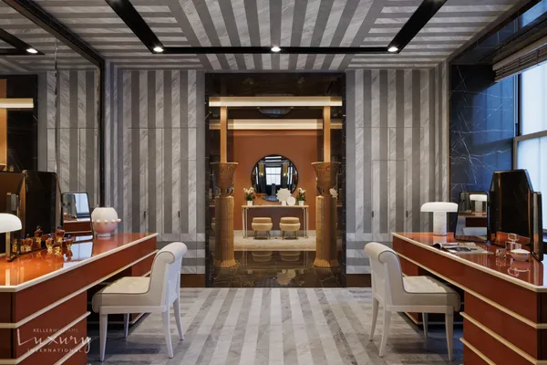 a dining room with furniture and window