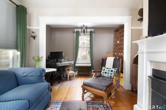 a living room with furniture and a fireplace
