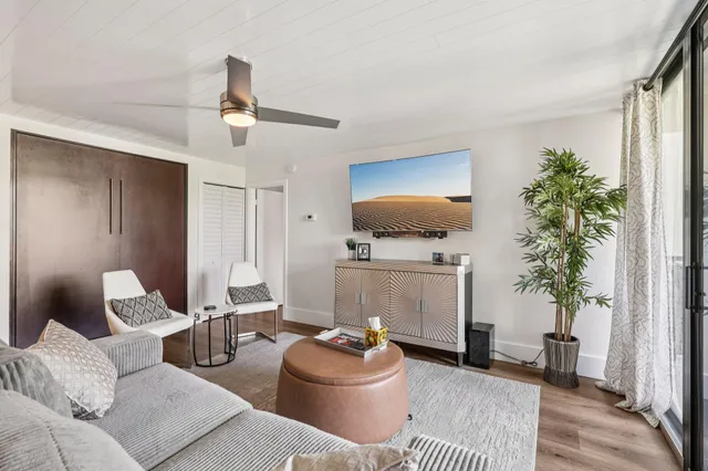 a living room with furniture and a potted plant