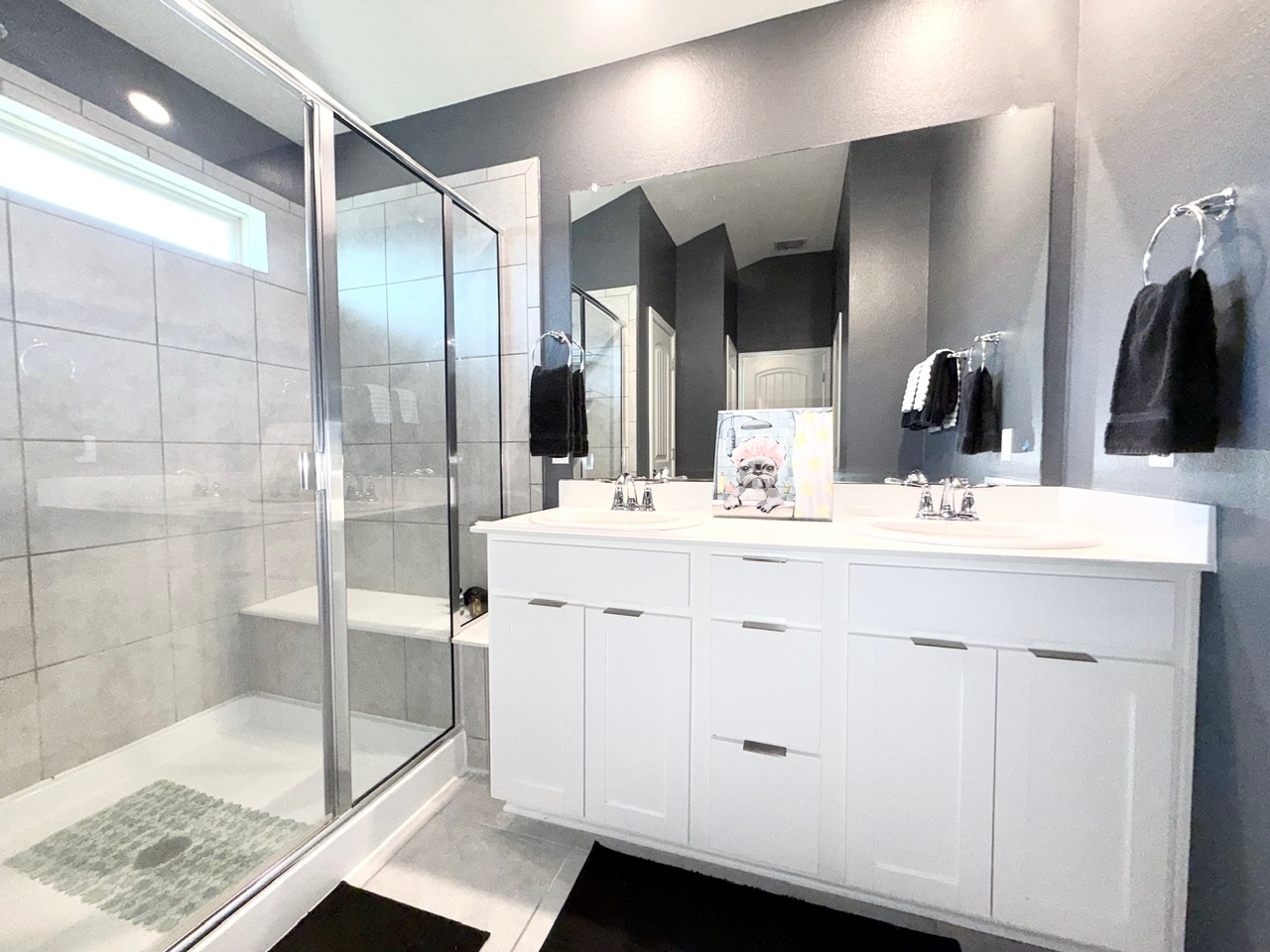 1005 Sundrops Street Leander, TX 78641 - Photo 17 of 39 a bathroom with a double vanity sink mirror and shower