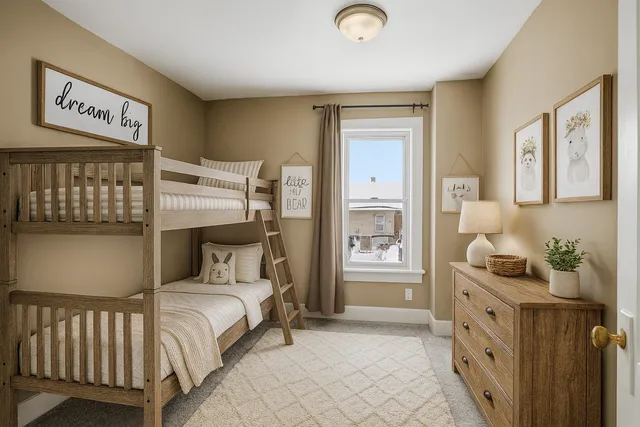 a bedroom with a bed and a cabinets