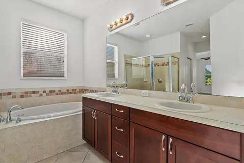 a bathroom with a sink double vanity granite tub shower and a mirror