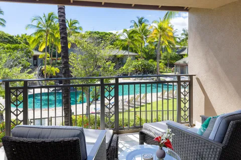 a garden view with a seating space