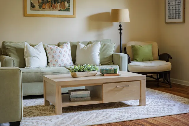 a living room with furniture and a lamp