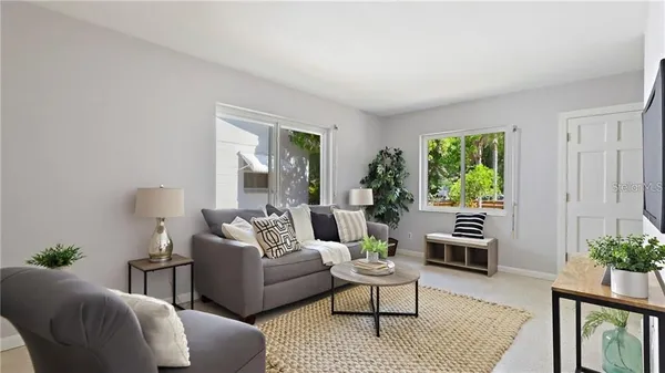 a living room with furniture and a potted plant
