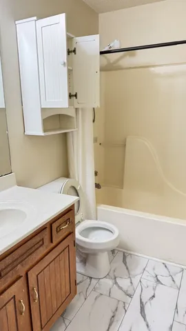 a bathroom with a shower and a toilet