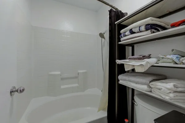 a bathroom with a bathtub and shower