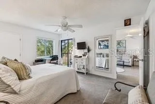 a bedroom with furniture and a large window