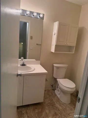 a bathroom with a sink a toilet and mirror