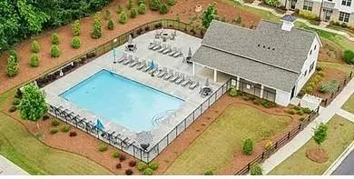 an aerial view of a swimming pool