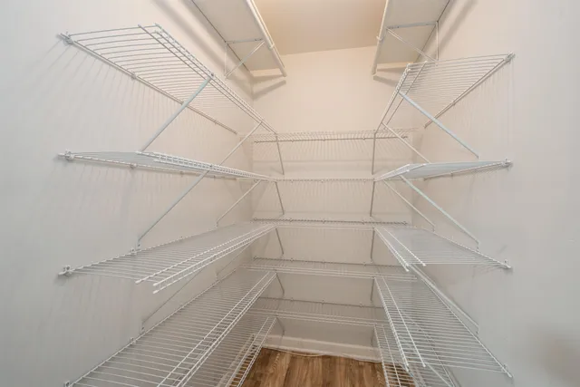 a view of a room with racks on the wall