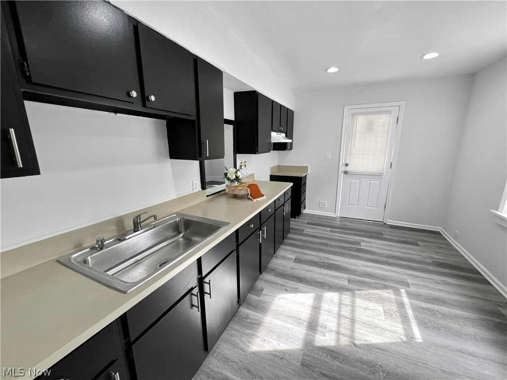 977 Nathaniel Road Cleveland, OH 44110 - Photo 7 of 22 Updated kitchen with black cabinetry, light-toned countertops, and a stainless steel double sink