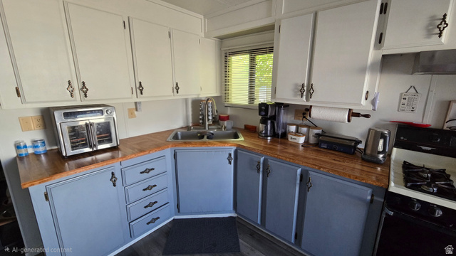 1500 Angel Street North, Unit 53 Layton, UT 84041 - Photo 7 of 20 Galley kitchen featuring white upper cabinetry, blue lower cabinetry, wood-finish countertops, and a stainless steel sink with a high-arc faucet